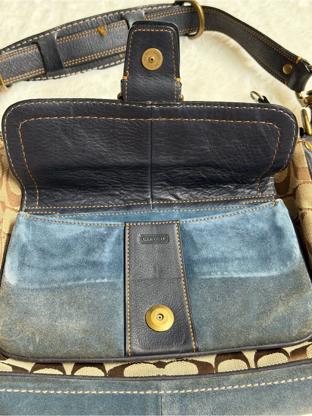 Coach Brown Logo Canvas Shoulder Bag with Dark Blue Leather Trim - Picture 4 of 10